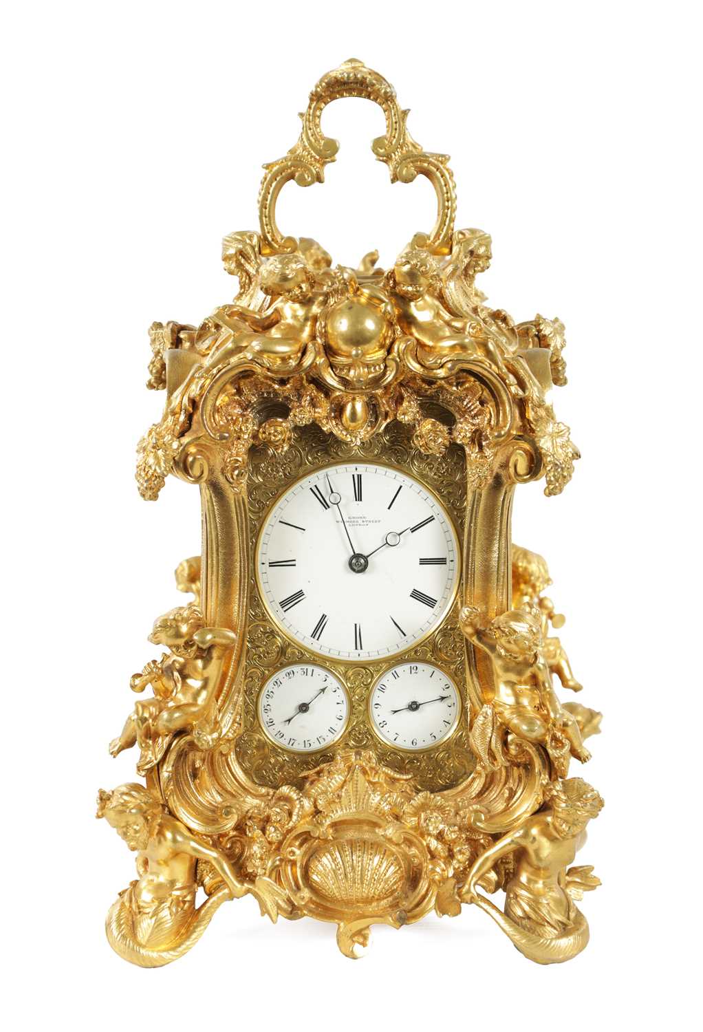 Lot 1272 - GROHE, PARIS. A FINE AND RARE MID 19TH CENTURY FRENCH CAST GILT BRASS ROCOCO REPEATING PETITE SONNERIE CARRIAGE CLOCK
