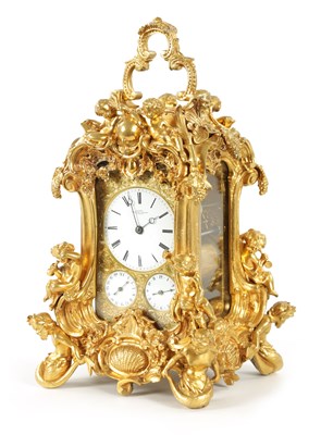 Lot 1272 - GROHE, PARIS. A FINE AND RARE MID 19TH CENTURY FRENCH CAST GILT BRASS ROCOCO REPEATING PETITE SONNERIE CARRIAGE CLOCK