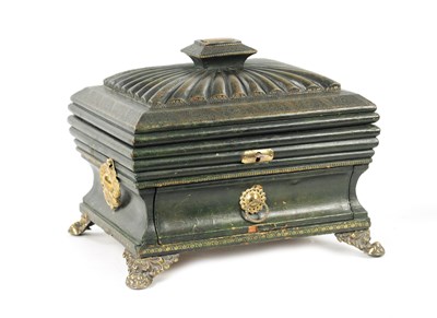 Lot 1052 - A FINE REGENCY TOOLED LEATHER LADIES COMBINED SEWING / WRITING BOX OF SARCOPHAGUS FORM