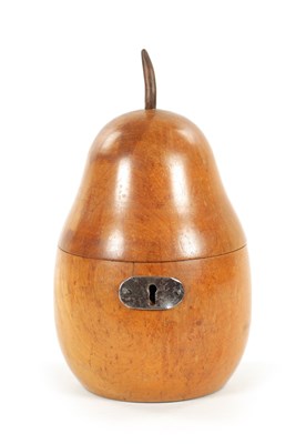 Lot 1076 - A GEORGE III FRUIT WOOD TEA CADDY OF LARGE SIZE FORMED AS A PEAR