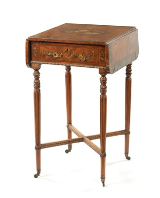 Lot 1504 - A 19TH CENTURY REGENCY STYLE PAINTED SATINWOOD PEMBROKE DROP-LEAF TABLE