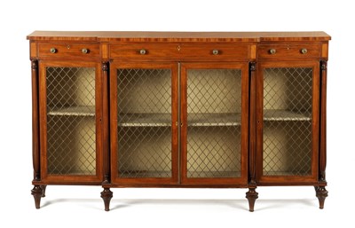 Lot 1381 - A FINE GEORGE III SATINWOOD BANDED AND INLAID FIGURED MAHOGANY BREAKFRONT SIDE CABINET