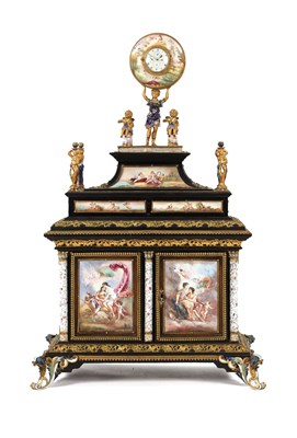 Lot 959 - A FINE AND RARE EARLY/MID 19TH CENTURY AUSTRIAN EBONISED, PRESSED BRASS MOUNTED AND VIENNESE ENAMELLED TABLE CABINET WITH WATCH INSET SIGNED BREGUET A PARIS