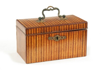 Lot 1077 - A GEORGE III STRIPED INLAID SPECIMEN WOOD TEA CADDY