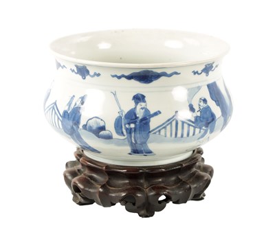 Lot 171 - A CHINESE MING DYNASTY BLUE AND WHITE PORCELAIN CENSER ON HARDWOOD STAND