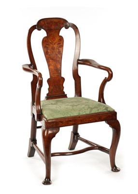 Lot 1453 - AN 18TH CENTURY WALNUT AND MARQUETRY INLAID ARM CHAIR