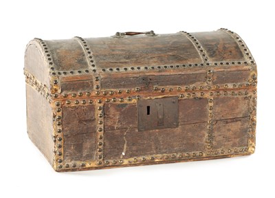 Lot 1083 - AN 18TH CENTURY STUDDED PINE SMALL DOME-TOP TRUNK BEARING ORIGINAL TRADE LABEL FOR  JOHN CLEMENTE’S, ST. PAUL’S CHURCHYARD