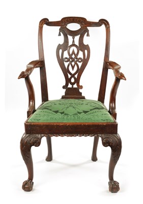 Lot 1397 - AN 18TH CENTURY WALNUT OPEN ARM CHAIR