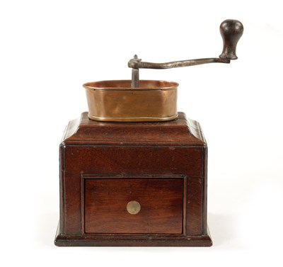 Lot 1055 - AN 18TH CENTURY MAHOGANY COFFEE GRINDER