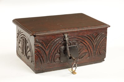 Lot 1099 - A GOOD 17TH CENTURY UNUSUALLY SMALL OAK BIBLE BOX OF FINE COLOUR AND PATINA