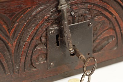 Lot 1099 - A GOOD 17TH CENTURY UNUSUALLY SMALL OAK BIBLE BOX OF FINE COLOUR AND PATINA