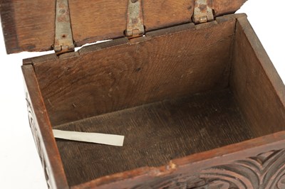 Lot 1099 - A GOOD 17TH CENTURY UNUSUALLY SMALL OAK BIBLE BOX OF FINE COLOUR AND PATINA