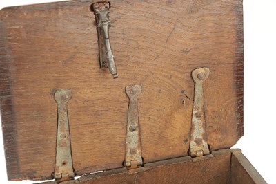 Lot 1099 - A GOOD 17TH CENTURY UNUSUALLY SMALL OAK BIBLE BOX OF FINE COLOUR AND PATINA