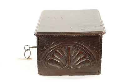 Lot 1099 - A GOOD 17TH CENTURY UNUSUALLY SMALL OAK BIBLE BOX OF FINE COLOUR AND PATINA
