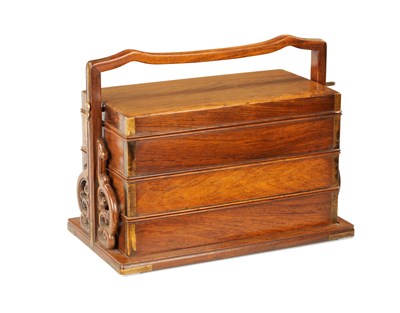 Lot 519 - A CHINESE HUANGHUALI FOUR-TIER PICNIC BOX