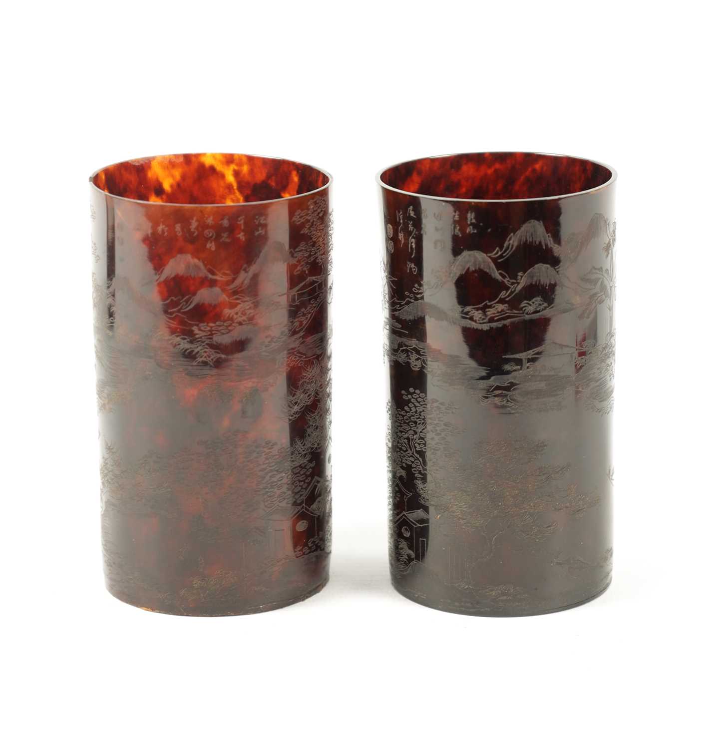 Lot 487 - A PAIR OF 19TH CENTURY CHINESE ENGRAVED TORTOISESHELL BEAKERS