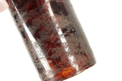 Lot 487 - A PAIR OF 19TH CENTURY CHINESE ENGRAVED TORTOISESHELL BEAKERS