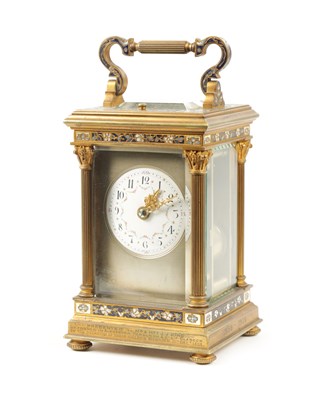 Lot 1308 - A LATE 19TH CENTURY FRENCH GILT BRASS AND CHAMPLEVE ENAMEL REPEATING CARRIAGE CLOCK