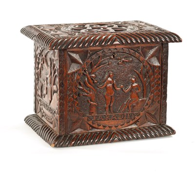 Lot 1084 - A 19TH CENTURY FOLK ART CARVED FRUITWOOD LIDDED BOX