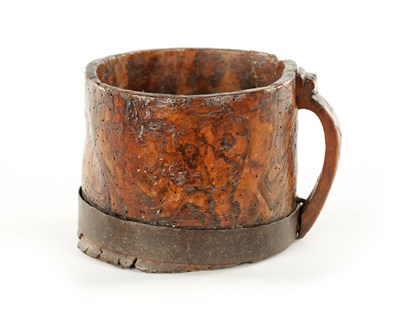 Lot 1059 - AN 18TH CENTURY SCANDINAVIAN BURR ELM AND IRON BOUND MUG