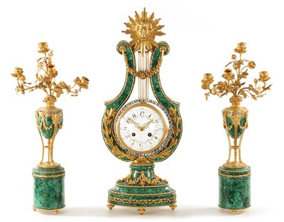 Lot 1267 - A FINE OVER-SIZED 19TH CENTURY FRENCH ORMOLU AND MALACHITE LYRE SHAPED EIGHT-DAY MYSTERY CLOCK GARNITURE