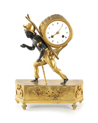 Lot 1223 - A FRENCH EMPIRE BRONZE AND ORMOLU BLACKAMOOR FIGURAL MANTEL CLOCK