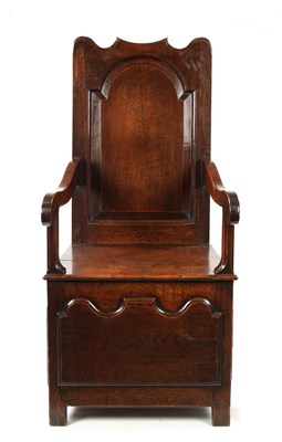 Lot 1475 - AN EARLY 18TH CENTURY JOINED OAK LAMBING CHAIR
