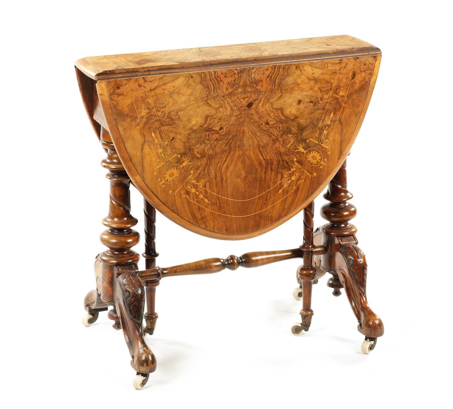 Lot 1495 - A 19TH CENTURY INLAID WALNUT MINIATURE SUTHERLAND TABLE