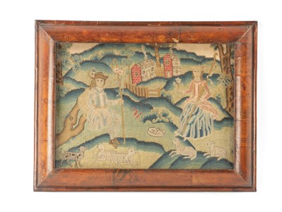 Lot 1124 - AN 18TH CENTURY WALNUT CUSHION FRAMED NEEDLEWORK PICTURE