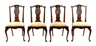Lot 105 - A RARE SET OF FOUR MID 18TH CENTURY OAK AND WALNUT VENEERED IRISH DINING CHAIRS WITH UNUSUAL ROCOCO STYLE  PIERCED SPLATS
