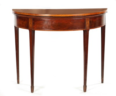 Lot 354 - A GEORGE III FIGURED MAHOGANY SCOTTISH DEMI LUNE TEA TABLE