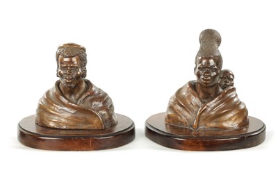 Lot 297 - A PAIR OF 20TH CENTURY BRONZE SCULPTURES DEPICTING A ZULU WOMEN AND MAN BY PIERRE VAN RYNEVELD SIGNED AND DATED 1938