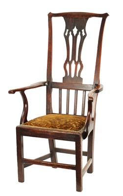 Lot 92 - AN UNUSUAL 18TH CENTURY TALL BACK COUNTRY ELM SPLAT BACK ARMCHAIR