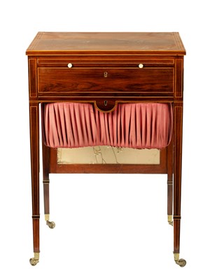 Lot 429 - A FINE REGENCY BOXWOOD STRUNG FIGURED ROSEWOOD WORK TABLE