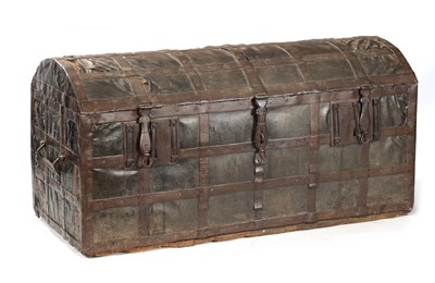 Lot 86 - A RARE 17TH CENTURY DOMED TOP IRON BOUND LEATHER COVERED COFFER