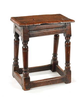 Lot 22 - A 17TH CENTURY AND LATER OAK JOINT STOOL WITH POLLARD OAK BURR TOP