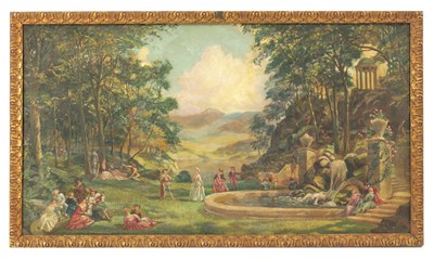 Lot 101 - A EDWARDIAN OIL ON PANEL DEPICTING LADIES AND GENTLEMAN IN A GARDEN SETTING