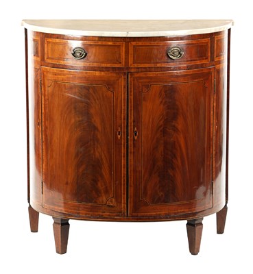 Lot 68 - A GEORGE III FIGURED MAHOGANY AND CROSSBANDEED DEMI LUNE COMMODE
