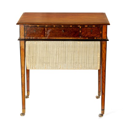 Lot 440 - AN RARE REGENCY PADOUK, YEW-WOOD  AND AMBOYNA WORK TABLE