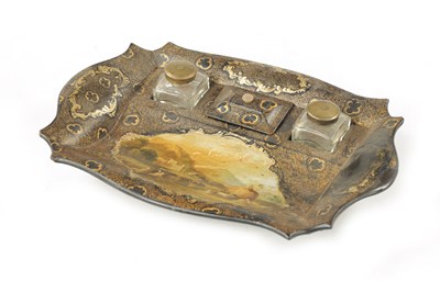 Lot 178 - A 19TH CENTURY PAPIER MACHE LACQUERED DESK INKSTAND