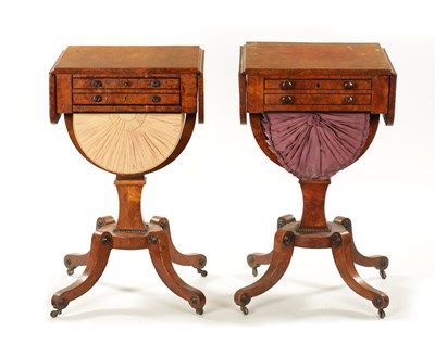 Lot 396 - A RARE MATCHED PAIR OF REGENCY BURR ELM WORK TABLES