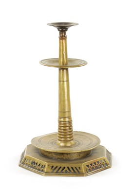 Lot 93 - AN UNUSUAL 18TH CENTURY BRASS CANDLESTICK