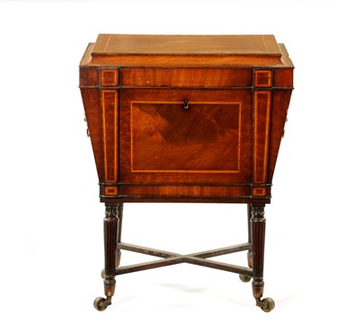 Lot 315 - A REGENCY INLAID MAHOGANY CELLARETTE ON TAPERED FLUTED LEGS IN THE MANNER OF GILLOWS