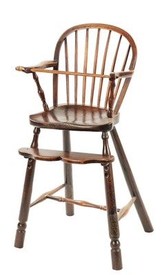 Lot 95 - A 19TH CENTURY  FRUITWOOD CHILDREN’S SPINDLE BACK HIGH CHAIR