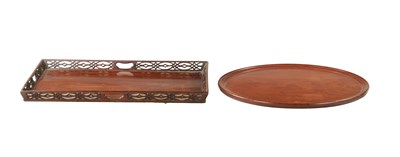 Lot 10 - AN 18TH CENTURY RECTANGULAR FRETTED GALLERY TRAY TOGETHER WITH A MAHOGANY CIRCULAR TOP