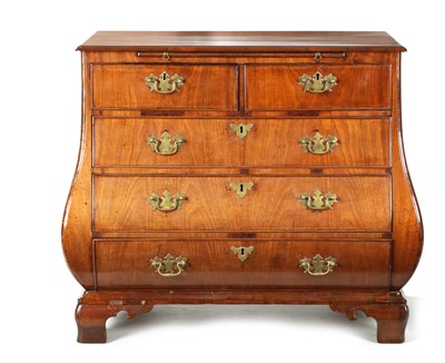 Lot 169 - AN 18TH CENTURY FIGURED  MAHOGANY BOMBE SHAPED CHEST OF DRAWERS