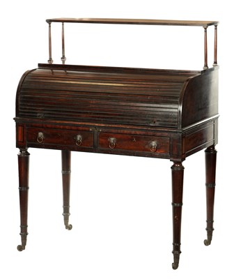 Lot 171 - A REGENCY FIGURED MAHOGANY AND EBONY STRUNG TAMBOUR FRONT CYLINDER DESK