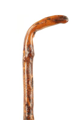 Lot 442 - A RARE VICTORIAN FOLK ART CARVED HAWTHORN WALKING STICK DATED 1860