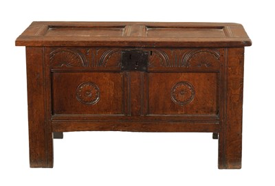 Lot 43 - A SMALL 17TH CENTURY OAK TWO PANEL COFFER