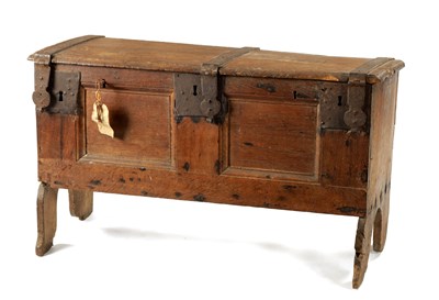Lot 288 - A RARE 16TH / 17TH CENTURY OAK IRON BOUND STRONG BOX/PLANK COFFER